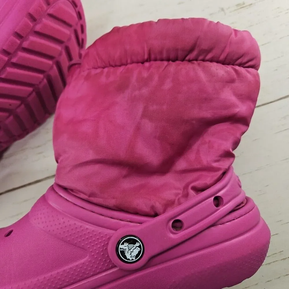 Crocs Neo Puff Boots Pink Youth Size J5 Classic Faux Fur‎ Fleece Lined 207940